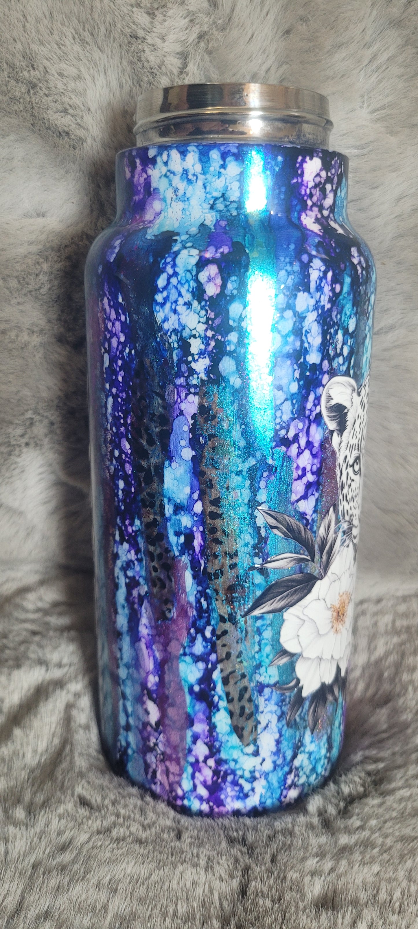 Hand Decorated Tumbler (32oz Hydro) leopard blue purple #3