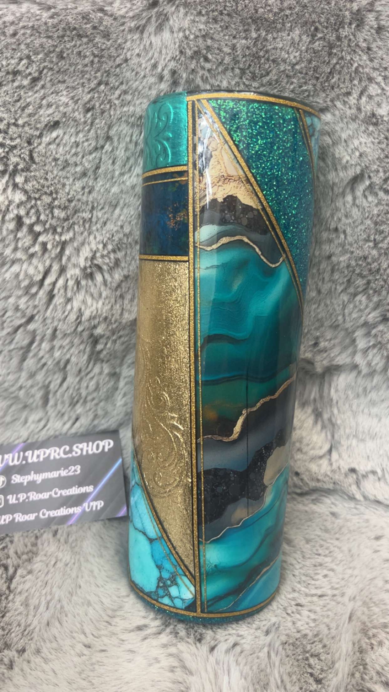 Hand Decorated Tumbler (30oz Skinny) TEAL AND GOLD #22