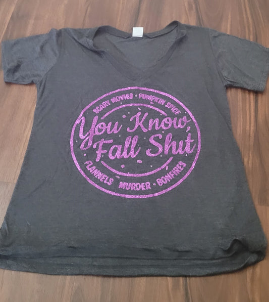 Funny, woman's, short sleeve, V-neck shirt, size large (Autumn themed)