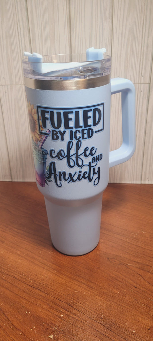 Tumbler (40oz) blue coated stainless steel "fuled by coffe and anxiaty"