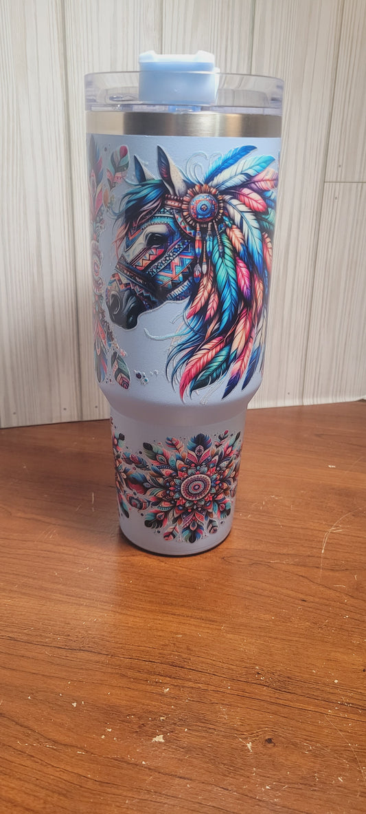 Tumbler (40oz) blue coated stainless steel "Horse feathers"