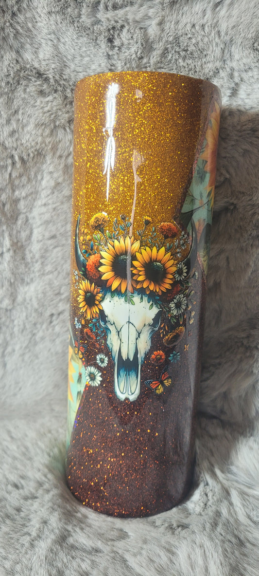 Hand Decorated Tumbler (30oz) sunflower bullskull