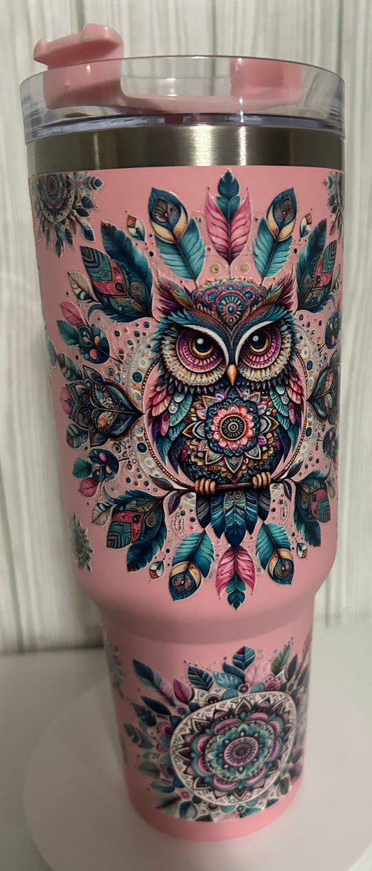 Tumbler (40oz) pink coated stainless steel, Owl