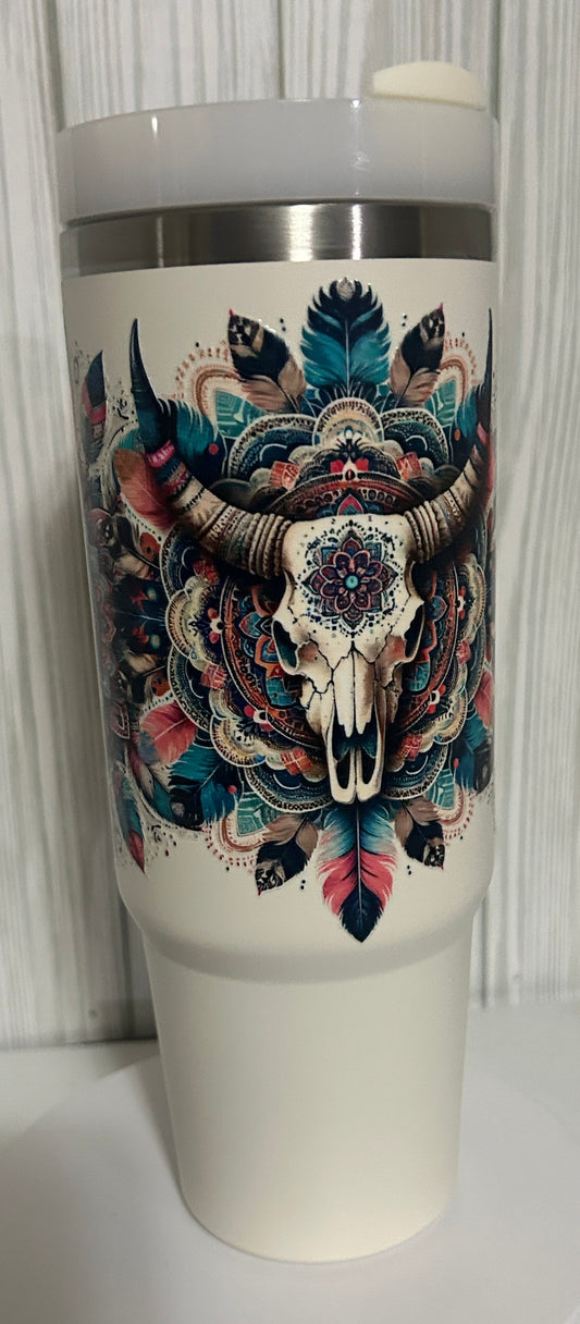 Tumbler (30oz) Cream coated stainless steel, cow skull