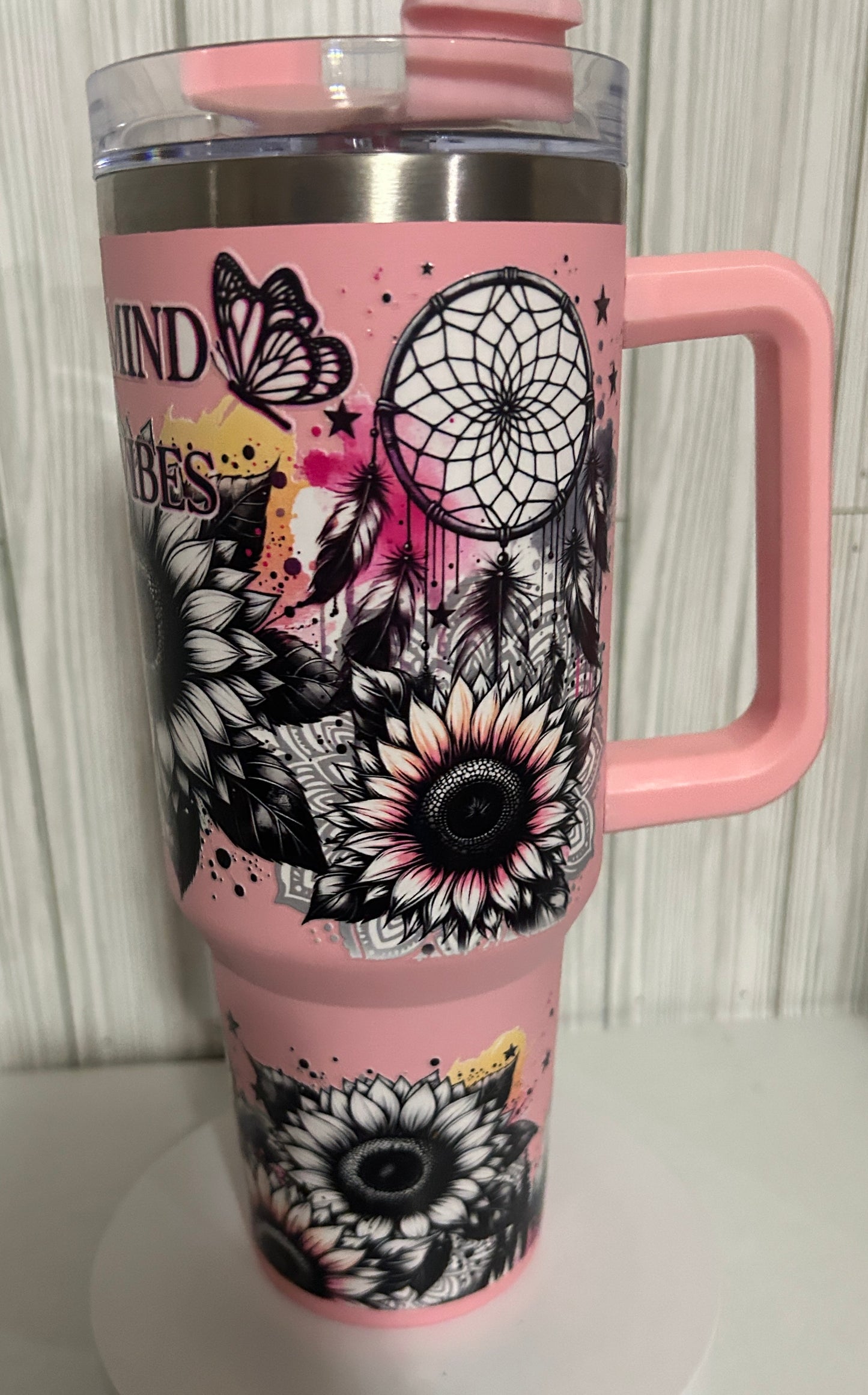 Tumbler (40oz) pink coated stainless steel "Positive mind, positive vibes "