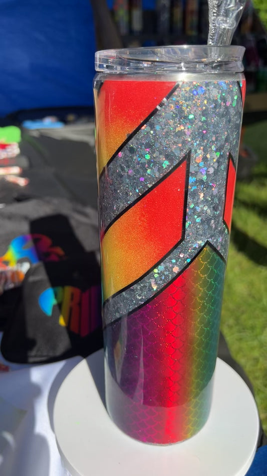 Hand Decorated Tumbler (30oz) rainbow ombre silver chunk