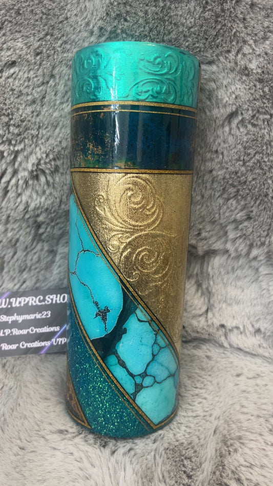 Hand Decorated Tumbler (30oz Skinny) TEAL AND GOLD #22