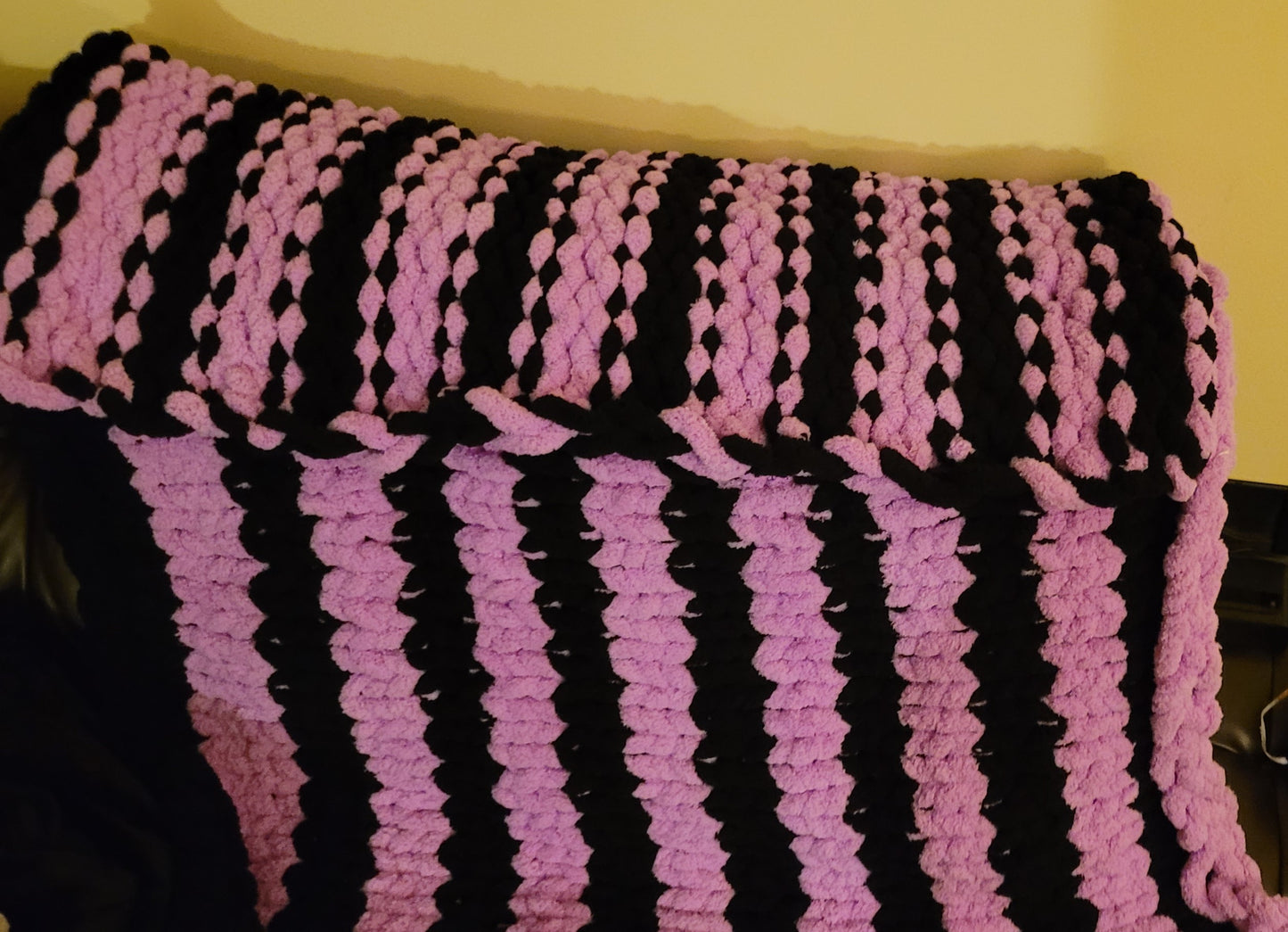 Chunky Yarn Blanket Purple and black striped 55"x40"